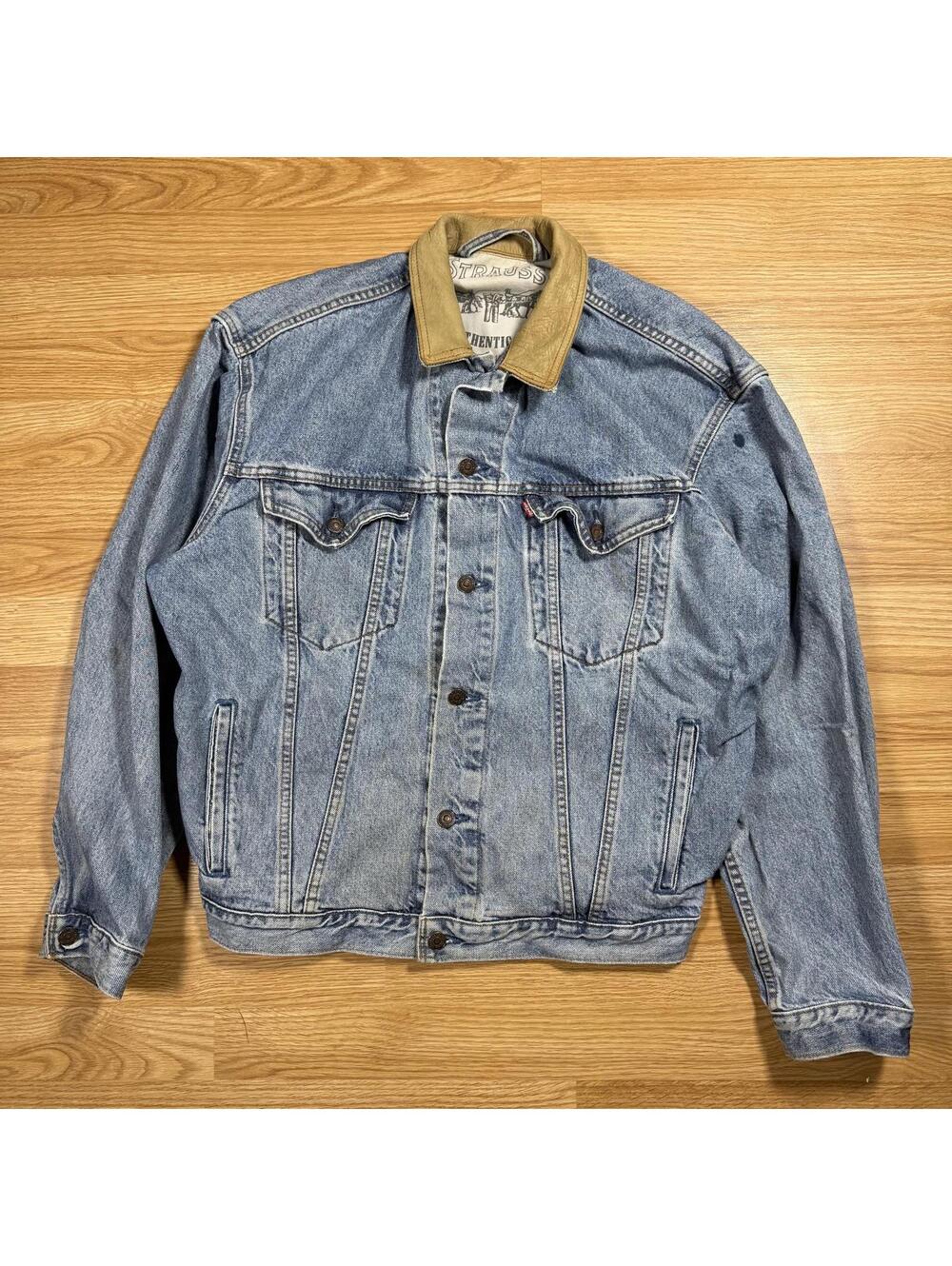 Classic Light Blue Denim Jacket with Tan Corduroy Collar